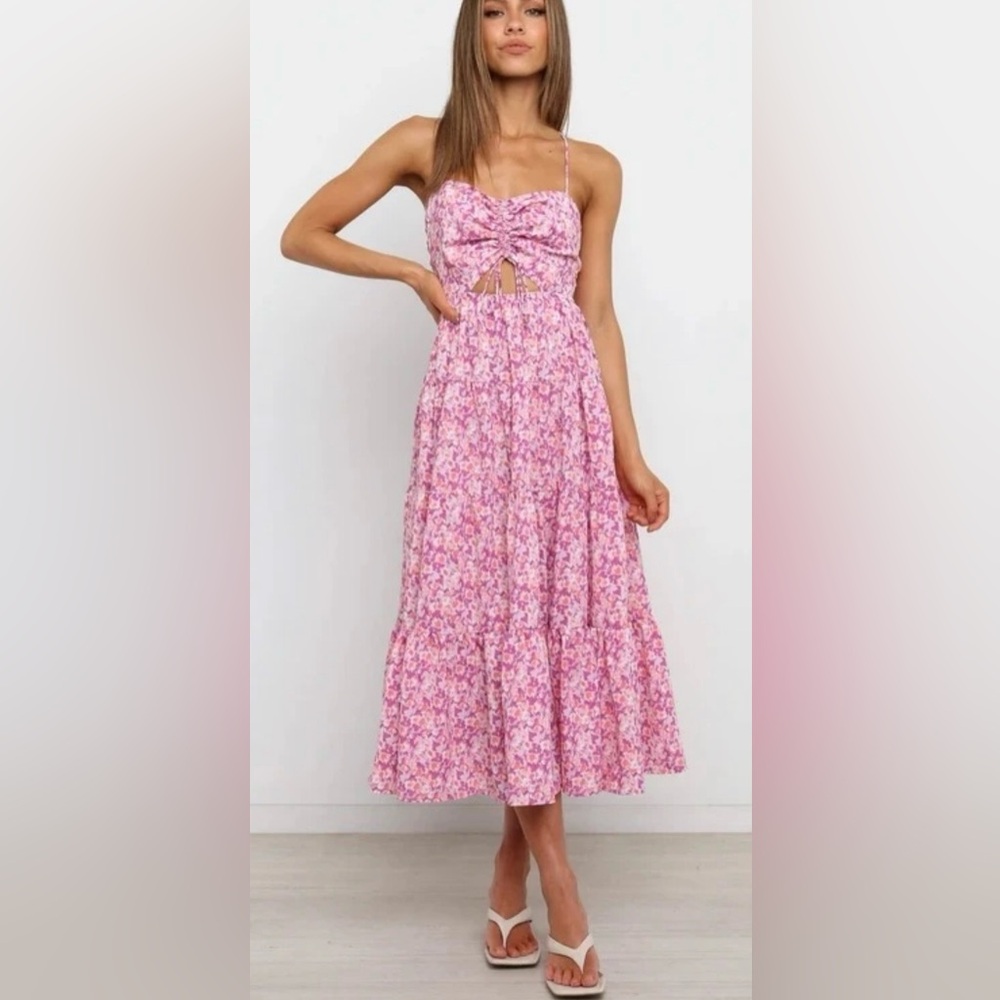 Petal & Pup Strappy Yordana Floral Midi Dress w Front Cutout Open Back ZB4